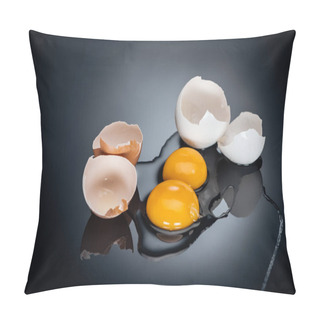 Personality  Raw Smashed Chicken Eggs With Yolks, Proteins And Eggshell On Black Background Pillow Covers