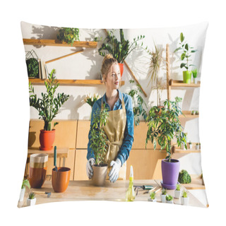Personality  Happy Girl In Apron And Gloves Standing Near Green Plants  Pillow Covers