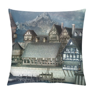 Personality  Medieval Fantasy Town By The River In A Mountain Scenery, 3D Illustration Pillow Covers