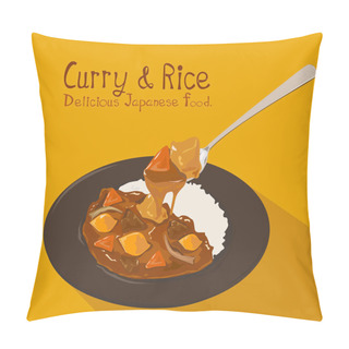 Personality  Japanese Curry Rice With Meat, Carrot, And Potato Close-up In Spoon On The Plate And Yellow Background. Vector Illustration. Pillow Covers