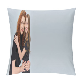 Personality  Happy Young Mother With Curly Red Hair Hugging Little Girl On Grey Backdrop, Two Generations, Banner Pillow Covers