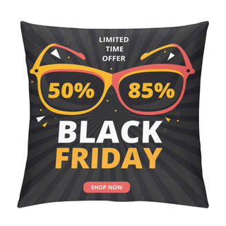 Personality  Black Friday Sale Square Banner. Dark Glasses On A Black Background With Text Of Discounts. Banner Or Poster Template For Social Networks, Online Stores On Mobile Phones. Flat Trendy Geometric Style Pillow Covers