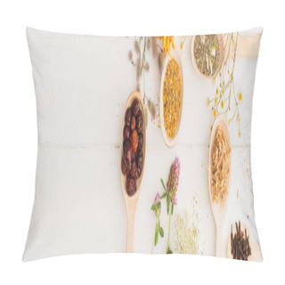 Personality  Panoramic Shot Of Herbs In Spoons And Flowers On White Wooden Background, Naturopathy Concept Pillow Covers