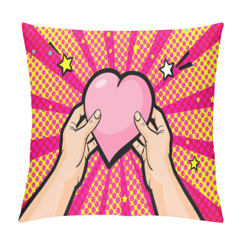 Personality  Concept of charity and donation. Give and share your love to people. Hands holding a heart symbol. Vector illustration in pop art style. pillow covers