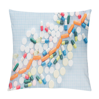 Personality  View From Above Of Arranged Various Colorful Pills On Blue Checkered Surface Pillow Covers