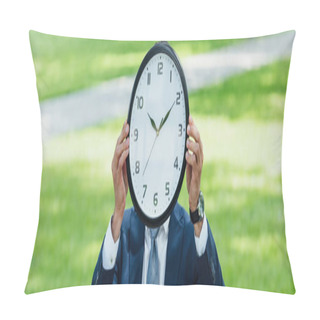 Personality  Panoramic Shot Of Businessman Covering Face With Clock While Standing In Park Pillow Covers