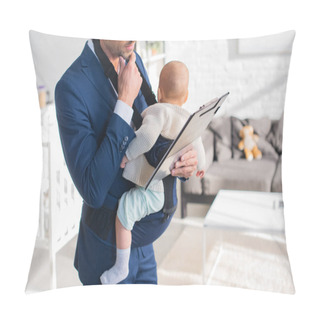 Personality  Cropped View Of Pensive Businessman In Suit Holding Clipboard And Infant Daughter In Baby Carrier  Pillow Covers