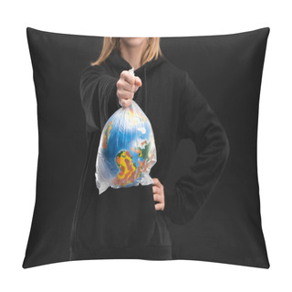 Personality  Partial View Of Woman With Outstretched Hand Holding Plastic Bag With Globe Isolated On Black, Global Warming Concept Pillow Covers