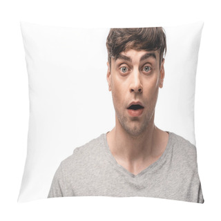 Personality  Shocked Young Man In Grey T-shirt Looking At Camera Isolated On White Pillow Covers