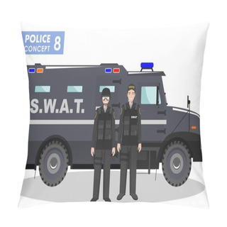 Personality  Police Concept. Detailed Illustration Of SWAT Officer, Policeman And Armored Car In Flat Style On White Background. Vector Illustration. Pillow Covers