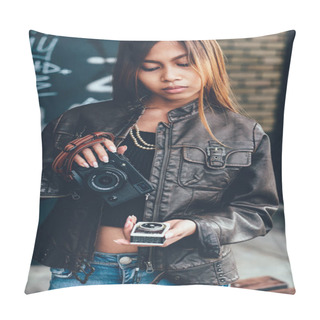 Personality  Gorgeous Young Woman In Leather Jacket, Holding Photo Camera And Light Meter. Hipster,  Vintage Retro Fashion Style Pillow Covers