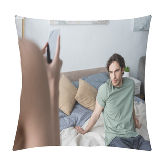 Personality  Blurred Young Woman Taking Photo Of Boyfriend In Bedroom Pillow Covers