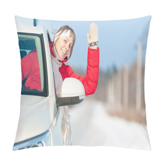 Personality  Happy Beautiful Woman Travels By Car In Winter. Pillow Covers