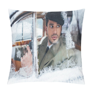 Personality  Selective Focus Of Dangerous Gangster With Gun Looking Away In Car Pillow Covers