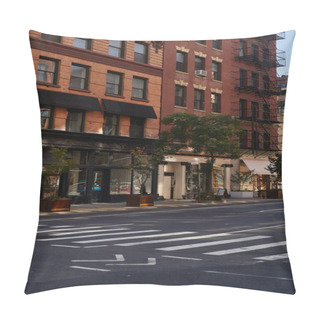 Personality  Buildings With Shops Near Fall Trees And Pedestrian Crossing In Shopping District Of New York City Pillow Covers