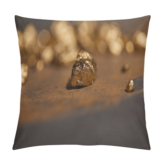 Personality  Selective Focus Of Golden Stones On Grey And Brown Marble Surface With Blurred Background Pillow Covers