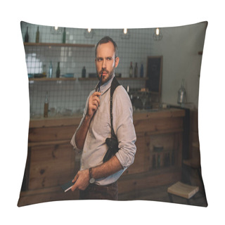 Personality  Male Detective Sitting At Crime Scene Holding Pen Near His Mouth Pillow Covers