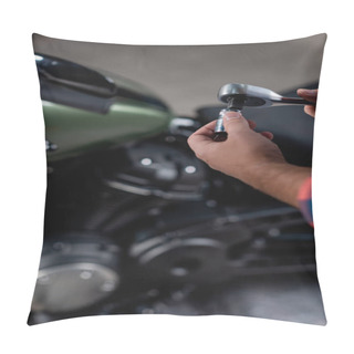 Personality  Cropped View Of Technician Holding Socket Wrench Near Motorcycle On Blurred Background Pillow Covers