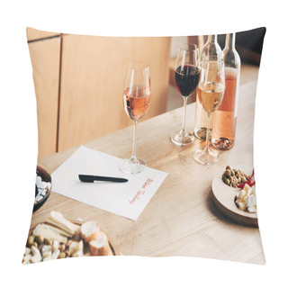 Personality  Wine Tasting Document, Wine Glasses, Bottles And Food On Wooden Table Pillow Covers