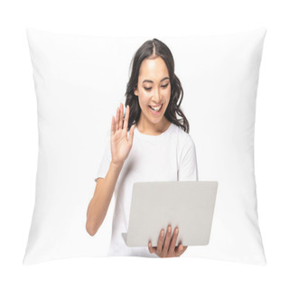 Personality  Smiling Young Asian Woman Using Laptop And Showing Hello Gesture Isolated On White Pillow Covers