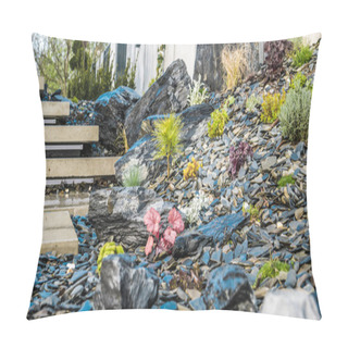 Personality  Newly Established Modern Backyard Rockery Garden With Large Decorative Stones And Exotic Plants. Pillow Covers