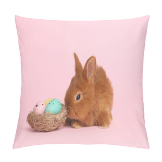 Personality  Adorable Fluffy Bunny And Decorative Nest With Easter Eggs On Pink Background Pillow Covers
