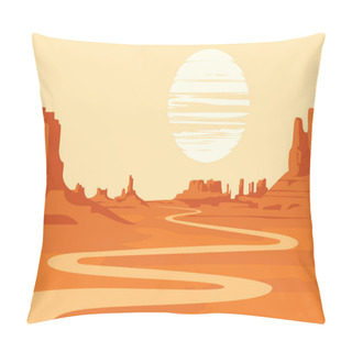 Personality  Hot Summer Landscape With Deserted Valley, Mountains And Winding River. Western Scenic Illustration. Decorative Vector Background On The Theme Of The Wild West Nature Pillow Covers