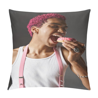 Personality  Portrait Of Young Pink Haired Man With Pink Suspenders Eating Pink Tasty Donut, Fashion And Style Pillow Covers