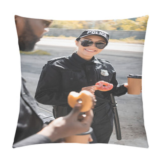 Personality  Happy Policewoman With Doughnut And Paper Cup Standing Near African American Colleague On Blurred Foreground Outdoors Pillow Covers