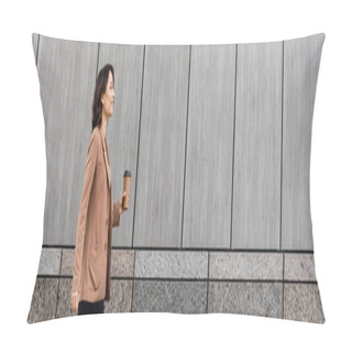Personality  Smiling Woman In Beige Blazer Walking With Takeaway Drink Along Grey Wall, Banner Pillow Covers