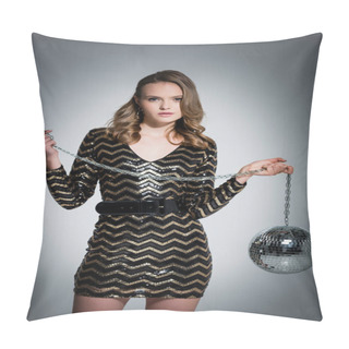 Personality  Young Woman In Dress Looking At Camera While Holding Disco Ball On Grey Pillow Covers