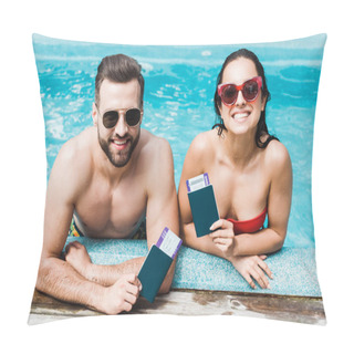 Personality  Cheerful Man And Woman In Sunglasses Holding Passports With Air Tickets  Pillow Covers