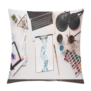 Personality  Office Desk With Laptop, Sketches And Art Supplies, Flat Lay Pillow Covers