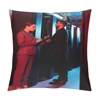 Personality  Attractive Businesswoman Holding Clipboard Near Businessman In Data Center  Pillow Covers