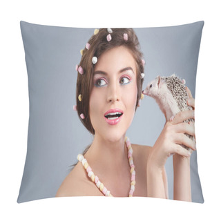 Personality  Young Woman With Small Hedgehog  Pillow Covers