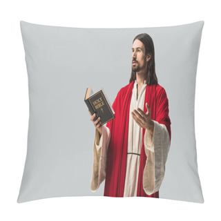 Personality  Handsome Man Gesturing While Holding Holy Bible Isolated On Grey  Pillow Covers