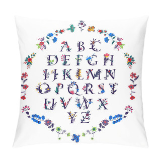 Personality  English Alphabet In Flowers And Plants. Vector. Classic Letters Surrounded By Decorative Elements. Latin Letters For Inscriptions. Female Image In The Alphabet. Congratulations On March 8. Pillow Covers