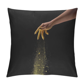 Personality  Cropped View Of Woman Sprinkling Yellow Holi Powder On Black Background Pillow Covers