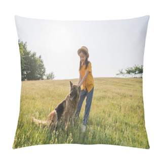Personality  Girl In Straw Hat Stroking Fluffy Cattle Dog In Grassy Pasture On Summer Day Pillow Covers