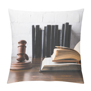 Personality  Opened Juridical Books With Gavel On Wooden Table, Law Concept Pillow Covers