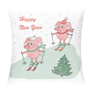 Personality  Christmas And Happy New Year Card With Two Small Cartoon Little Pigs Skie Pillow Covers