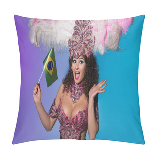 Personality  Cheerful Woman In Carnival Costume With Pink Feathers Holding Flag Of Brasil Isolated On Blue Background Pillow Covers