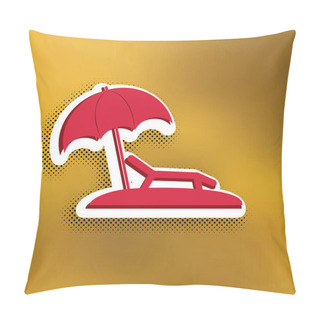 Personality  Tropical Resort Beach. Sunbed Chair Sign. Vector. Magenta Icon With Darker Shadow, White Sticker And Black Popart Shadow On Golden Background. Pillow Covers
