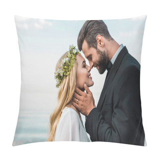 Personality  Happy Wedding Couple In Suit And White Dress Touching With Noses On Beach Pillow Covers