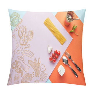 Personality  Flat Lay With Delicious Spaghetti With Tomato Sauce Ingredients On Red, Blue And Violet Background With Vegetables Illustration Pillow Covers