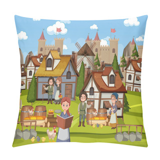 Personality  Medieval Town Scene With Villagers Illustration Pillow Covers