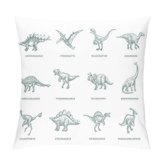 Personality  Prehistoric Dinosaurs Sketch Signs, Symbols Or Illustrations Set. Hand Drawn Vector Ancient Reptiles Silhouettes Collection With T-rex, Raptor And Others. Doodle Style Drawings Bundle. Isolated Pillow Covers