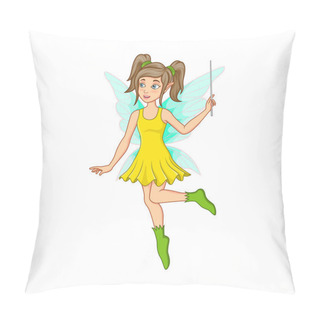 Personality  Vector Illustration Of Cartoon Little Green Fairy Flying With Magic Stick Pillow Covers