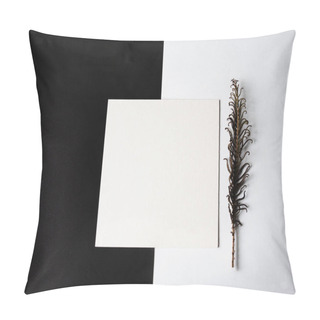 Personality  Black And White Christmas Composition. White Square For The Inscription And Dry Branch Fern On White Background Pillow Covers