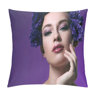 Personality  Close-up Portrait Of Seductive Young Woman With Eustoma Flowers Wreath On Head Looking At Camera Isolated On Purple Pillow Covers